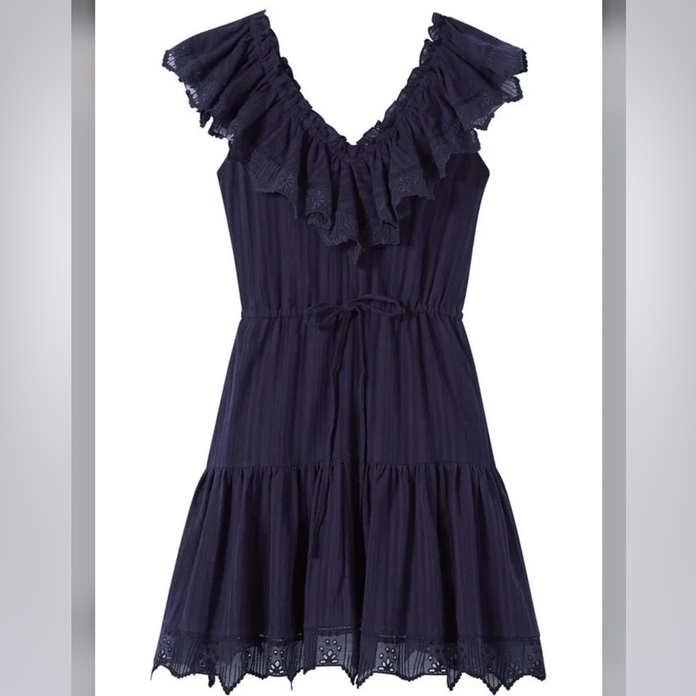 Rebecca Taylor Mariana Gauze eyelet embroidered ruffle trim dress navy blue